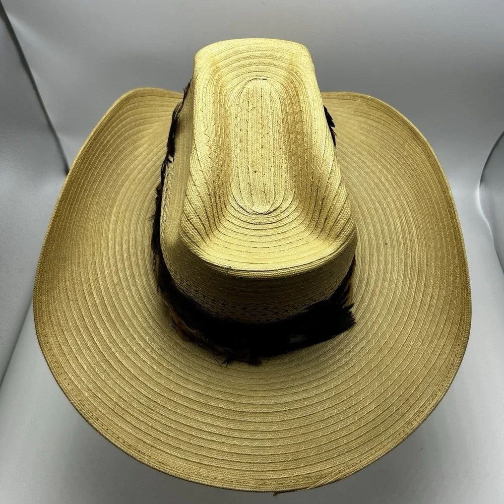 Straw Cowboy Hat Laredo Texas Western Beige Feather Hat Band Mens Womens 6 7/8
